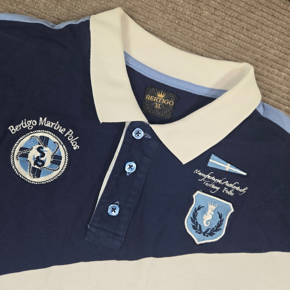Bertigo‎ Mens XL Blue Nautical Embroidered Colorblock Pique Polo Shirt